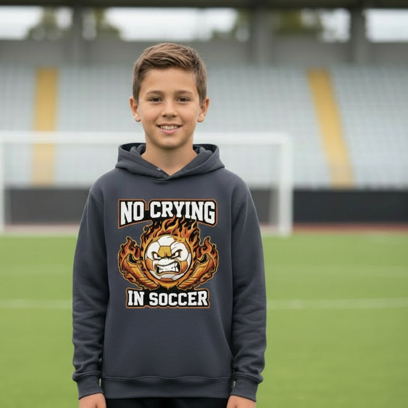 No Crying in Soccer Funny Flame Skull Sports Hoodie True Navy - FRONT
