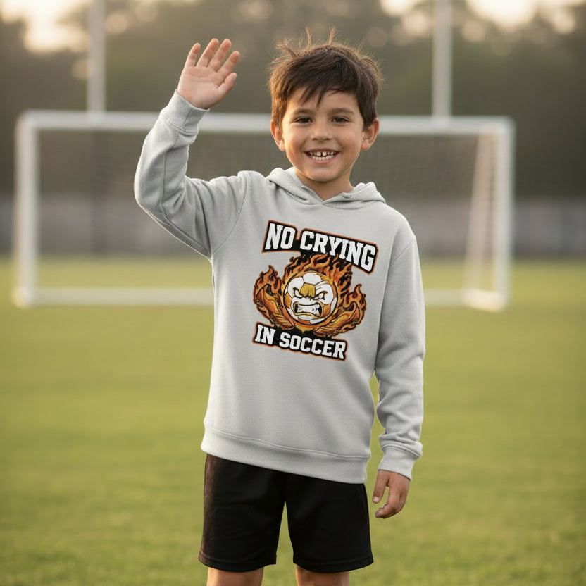 No Crying in Soccer Funny Flame Skull Sports Hoodie Silver - FRONT