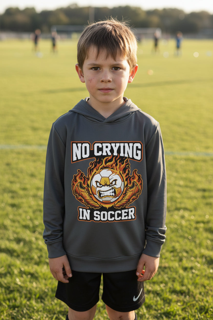 No Crying in Soccer Funny Flame Skull Sports Hoodie Iron Grey - FRONT
