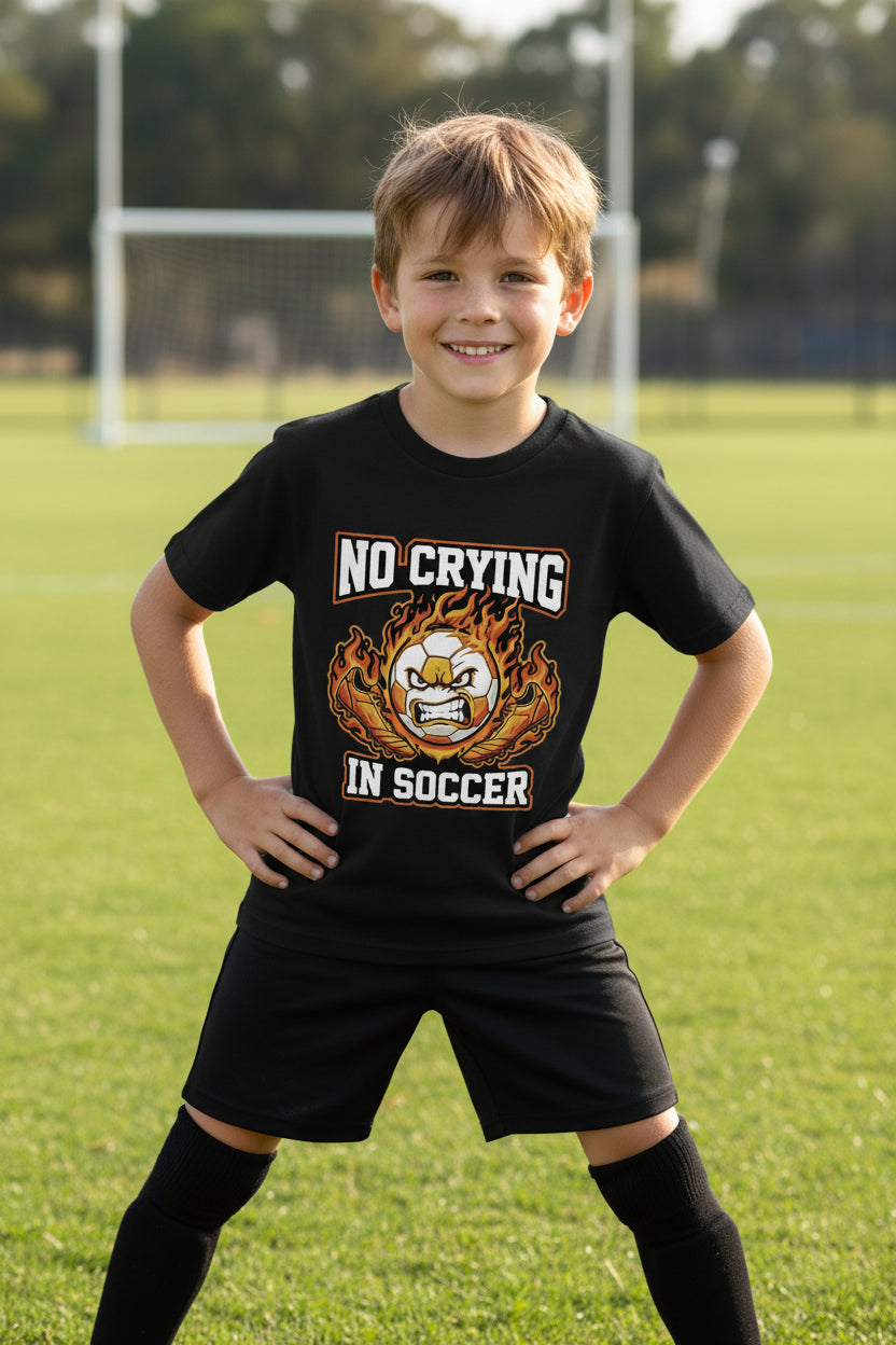 No Crying in Soccer Funny Flame Skull Sports T-Shirt Black - FRONT