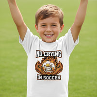 No Crying in Soccer Funny Flame Skull Sports T-Shirt WHITE - FRONT
