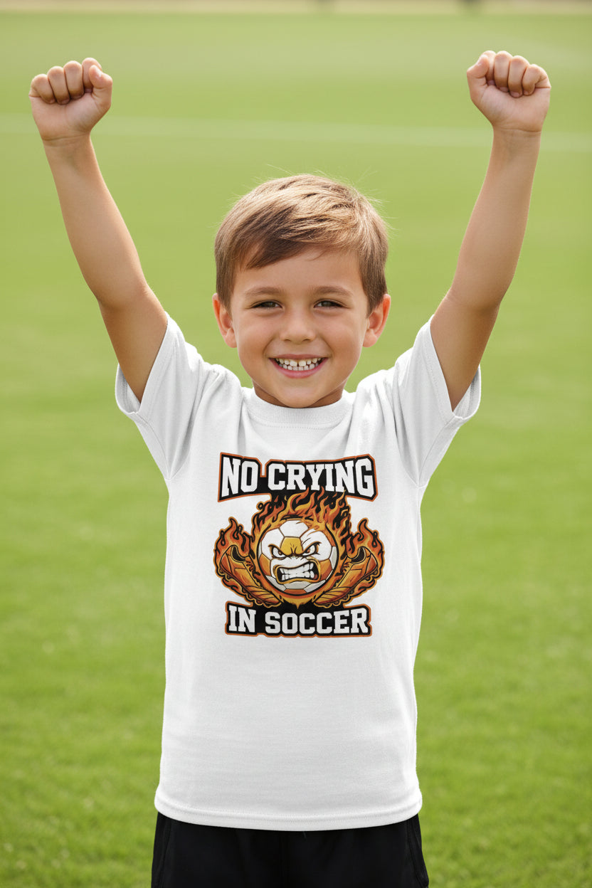 No Crying in Soccer Funny Flame Skull Sports T-Shirt WHITE - FRONT