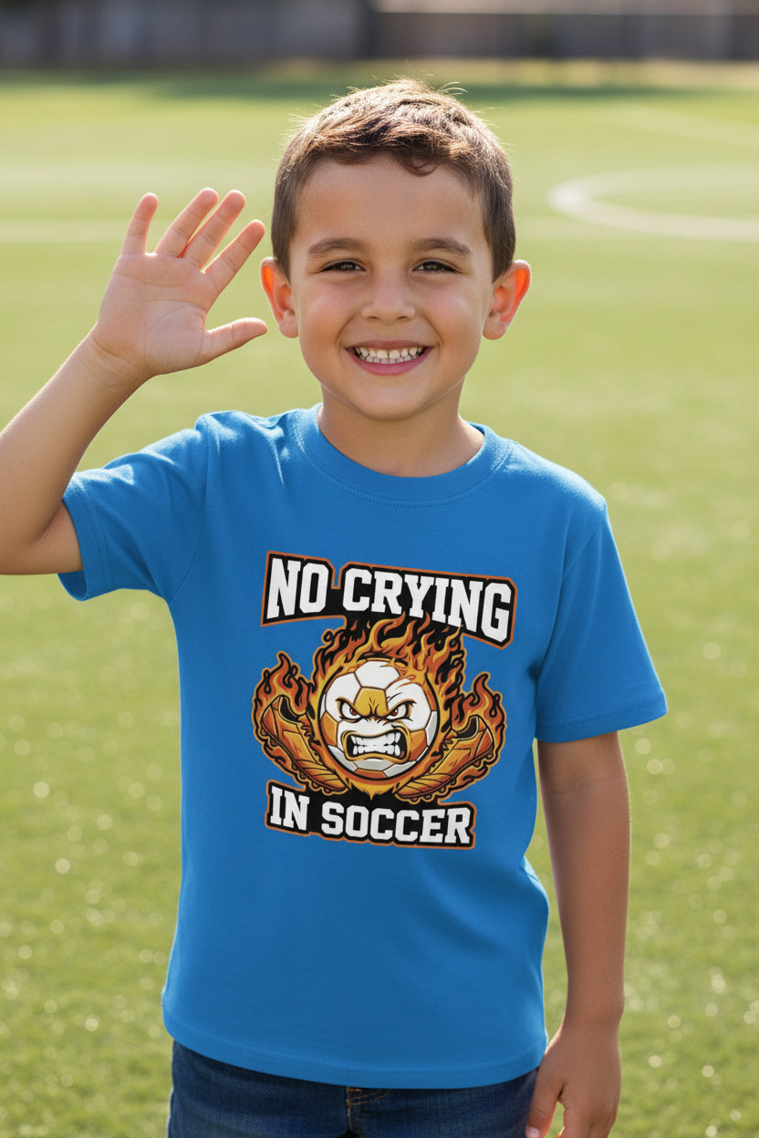 No Crying in Soccer Funny Flame Skull Sports T-Shirt Royal - FRONT