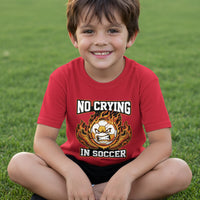 No Crying in Soccer Funny Flame Skull Sports T-Shirt Red - FRONT
