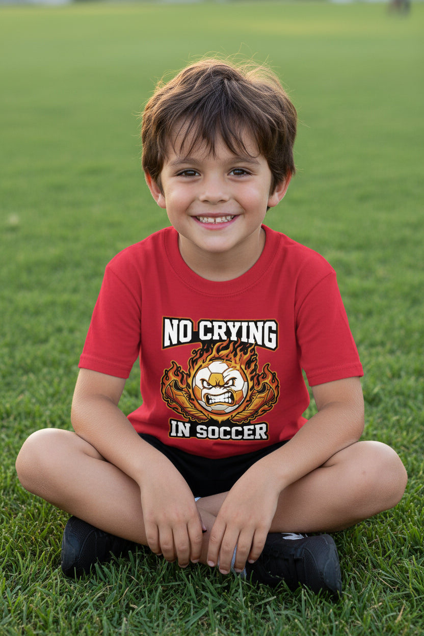 No Crying in Soccer Funny Flame Skull Sports T-Shirt Red - FRONT