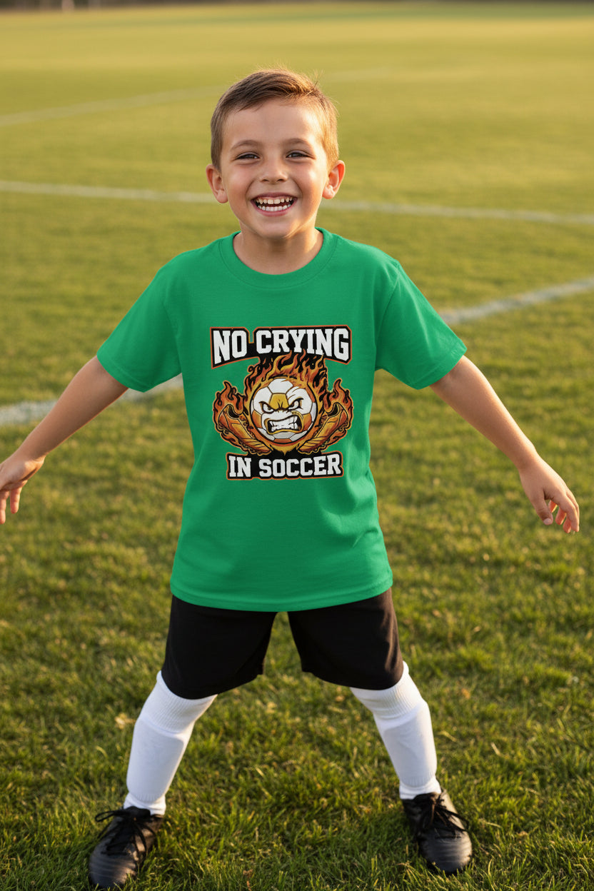 No Crying in Soccer Funny Flame Skull Sports T-Shirt Irish Green - FRONT