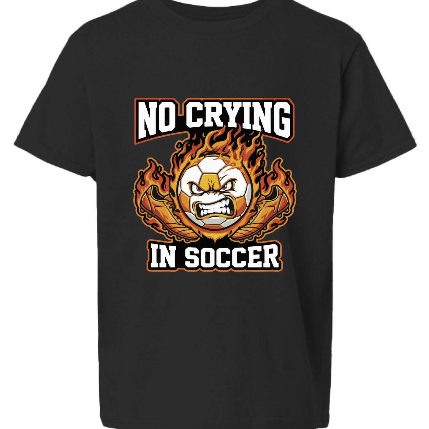 No Crying in Soccer Funny Flame Skull Sports T-Shirt Black- FRONT