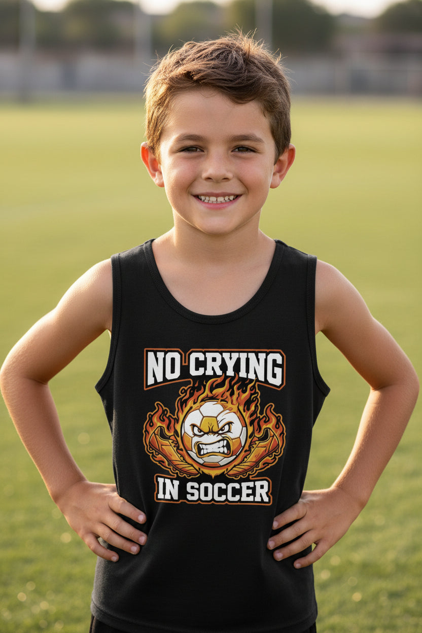 No Crying in Soccer Funny Flame Skull Sports Tank Top Solid Black Triblend - FRONT
