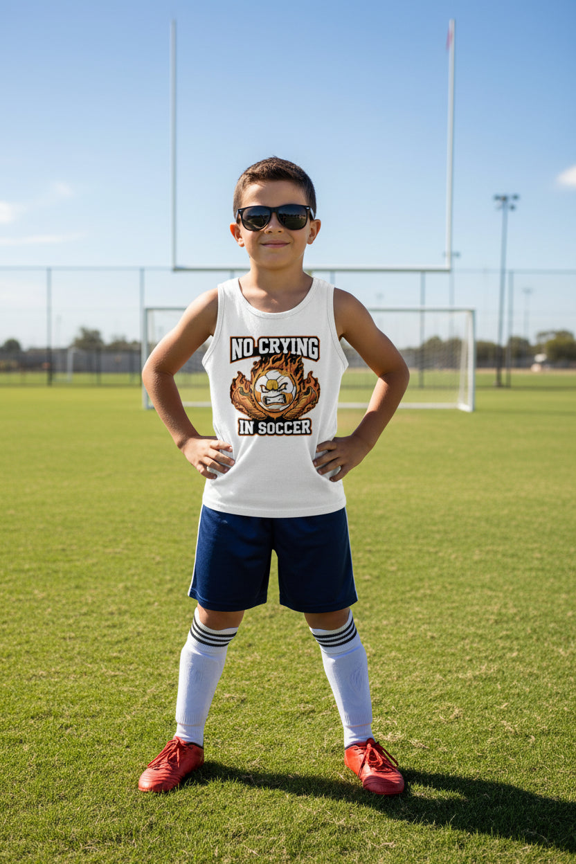 No Crying in Soccer Funny Flame Skull Sports Tank Top Solid White Triblend - FRONT