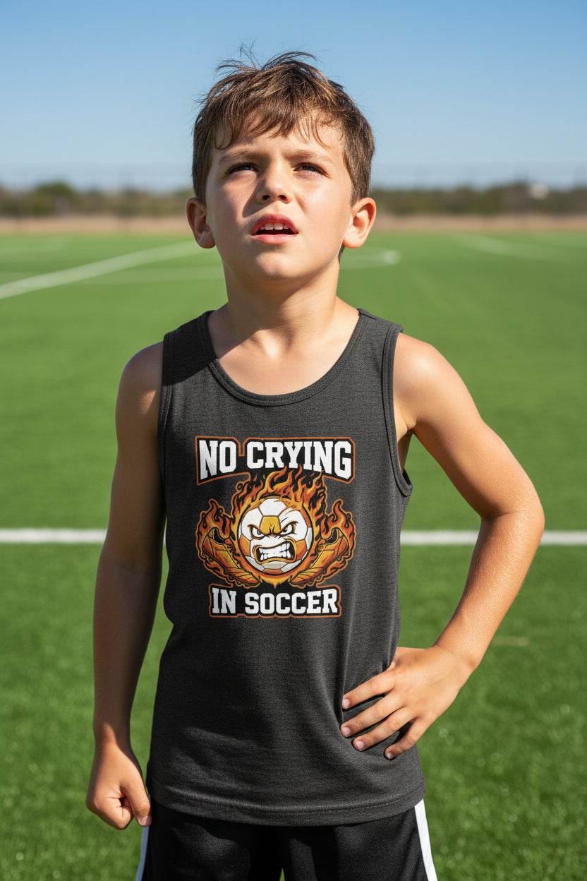 No Crying in Soccer Funny Flame Skull Sports Tank Top DARK GREY HEATHER - FRONT