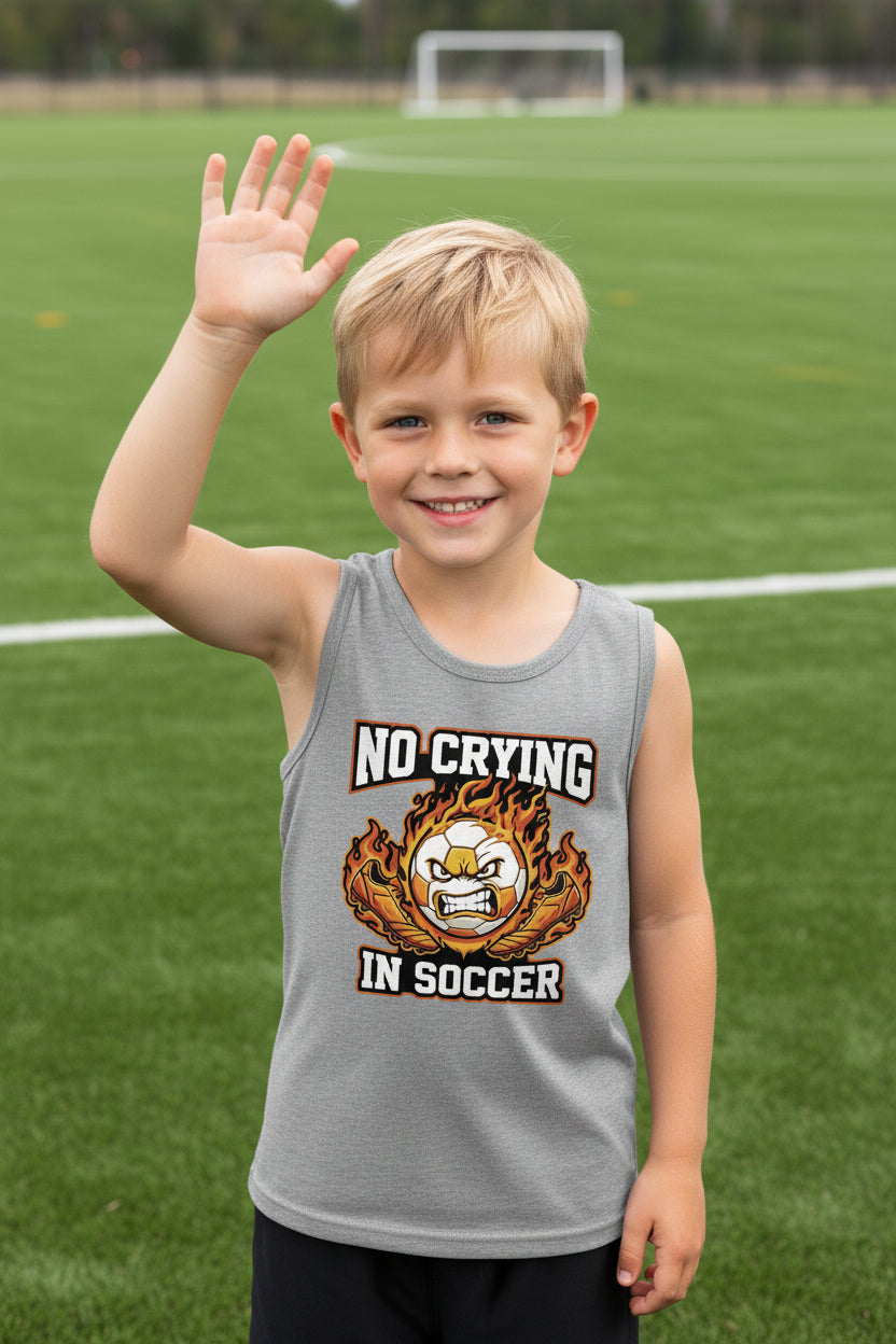 No Crying in Soccer Funny Flame Skull Sports Tank Top ATHLETIC HEATHER - FRONT