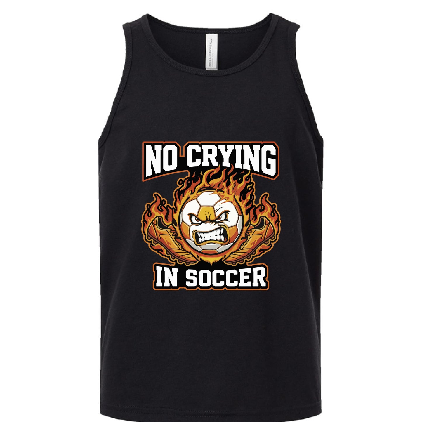 No Crying in Soccer Funny Flame Skull Sports Tank Top Solid Black Triblend - FRONT