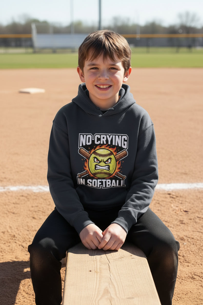 No Crying in Softball Funny Flame Skull Sports Hoodie True Navy - FRONT