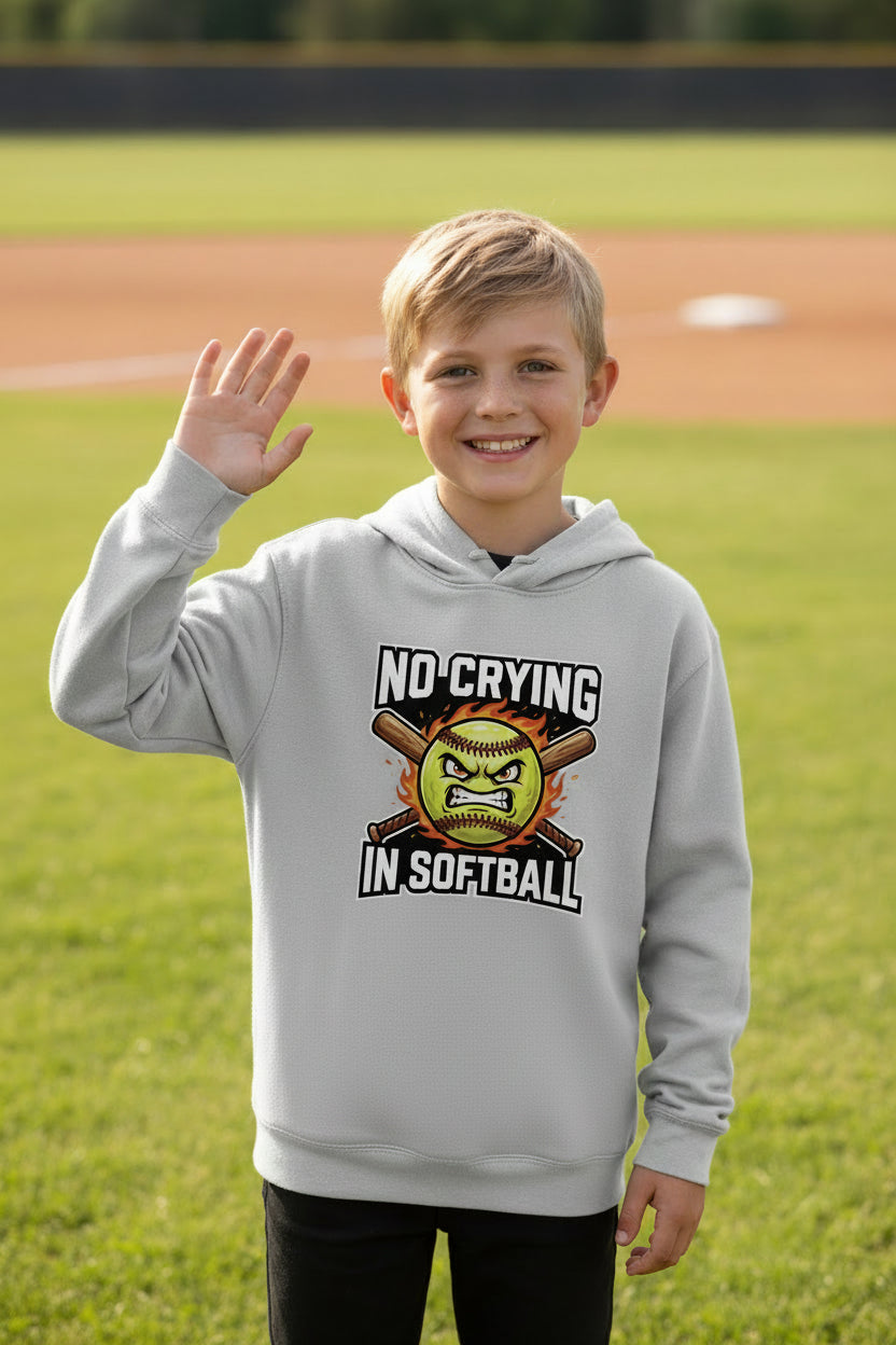 No Crying in Softball Funny Flame Skull Sports Hoodie Silver - FRONT
