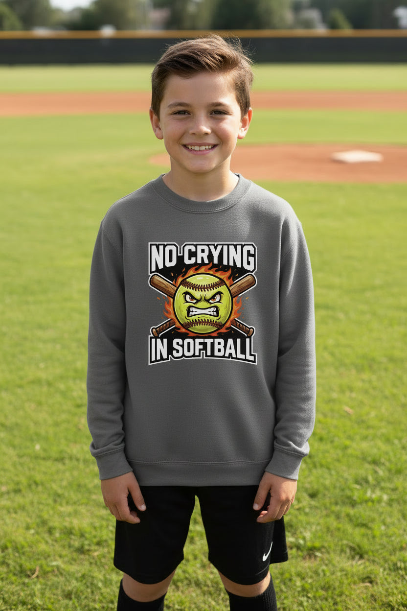 No Crying in Softball Funny Flame Skull Sports Hoodie Iron Grey - FRONT
