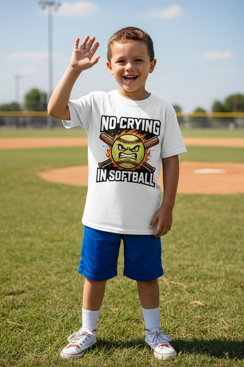 No Crying in Softball Funny Flame Skull Sports T-Shirt WHITE - FRONT