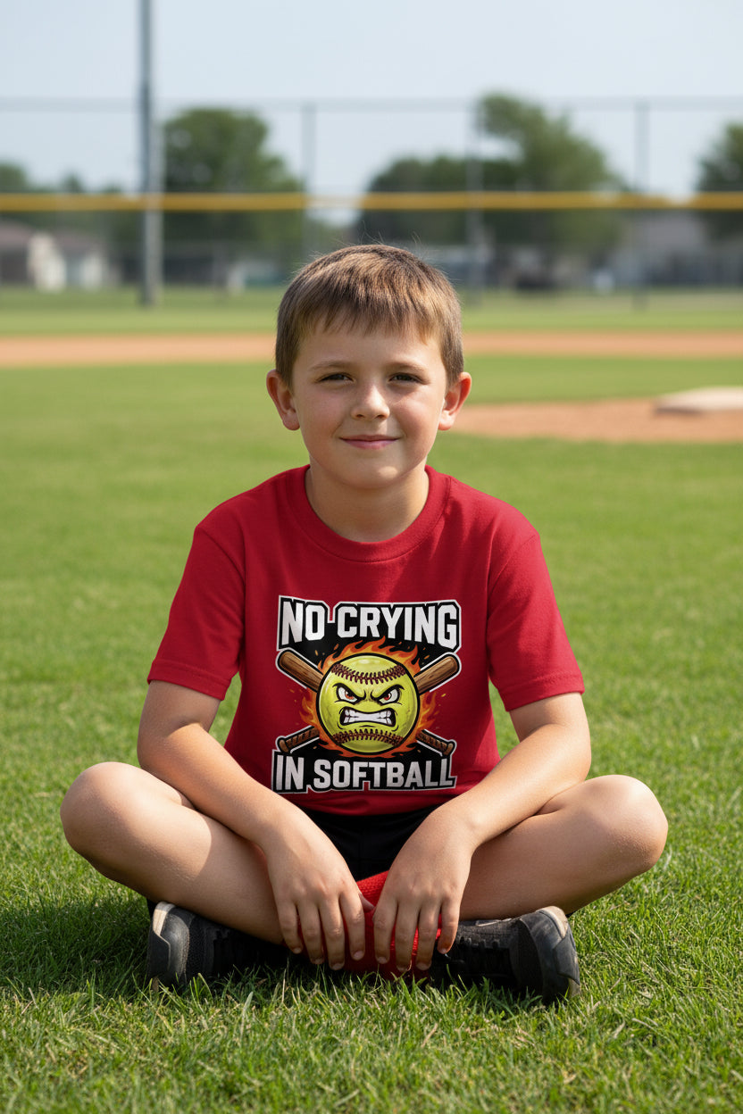 No Crying in Softball Funny Flame Skull Sports T-Shirt Red - FRONT