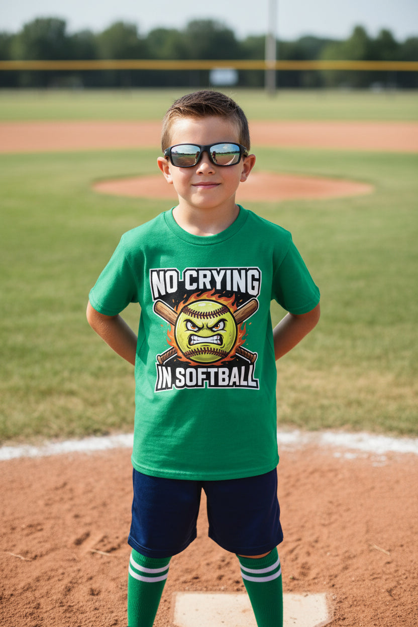 No Crying in Softball Funny Flame Skull Sports T-Shirt Irish Green - FRONT