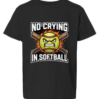 No Crying in Softball Funny Flame Skull Sports T-Shirt Black-FRONT