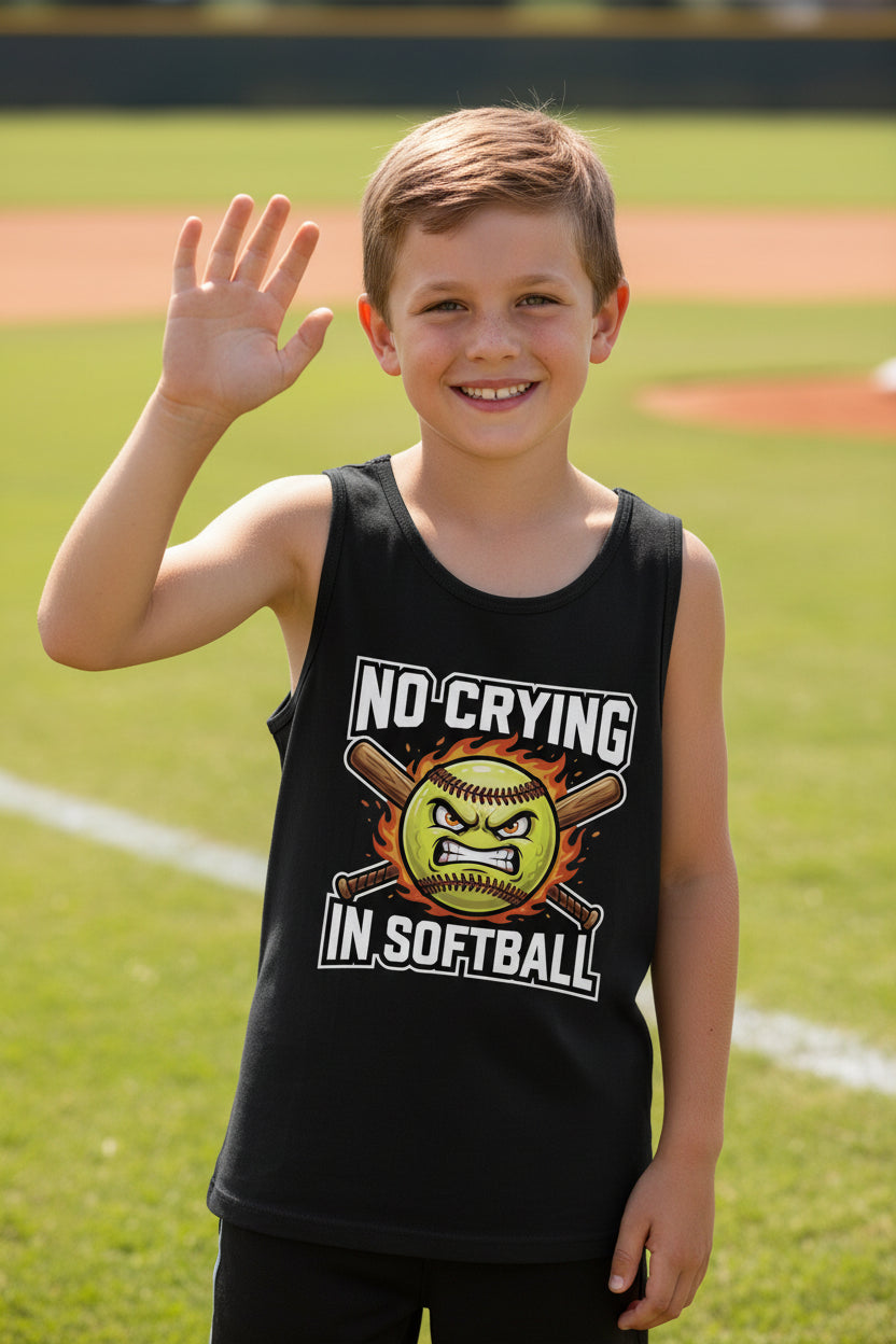 No Crying in Softball Funny Flame Skull Sports Tank Top Solid Black Triblend - FRONT
