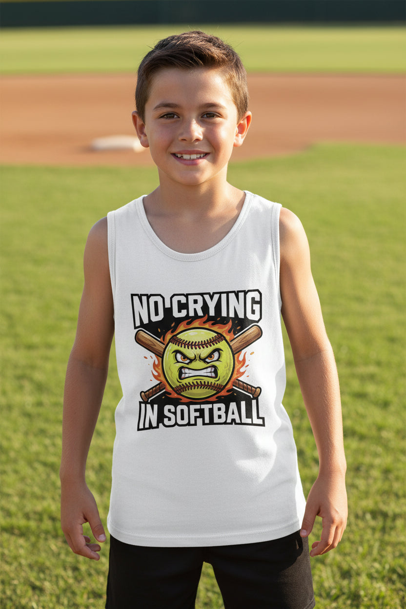 No Crying in Softball Funny Flame Skull Sports Tank Top Solid White Triblend - FRONT