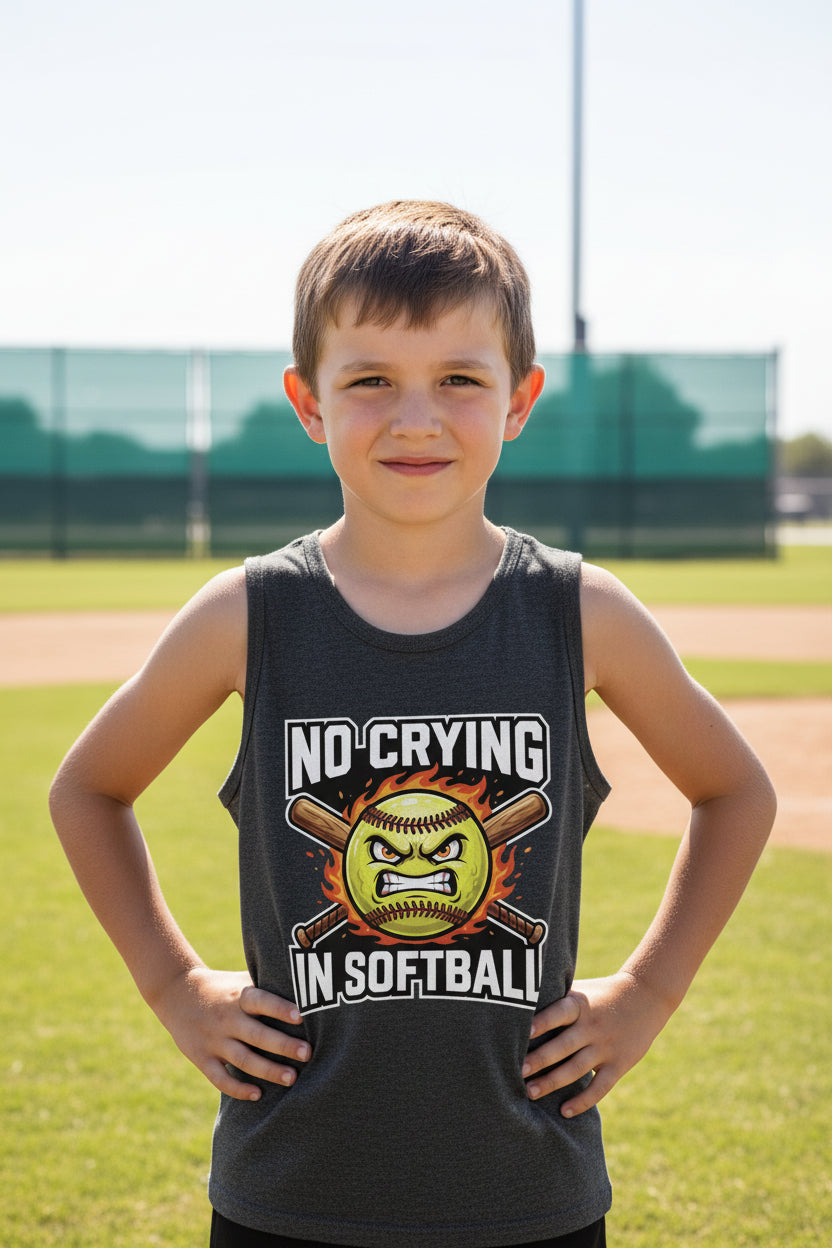 No Crying in Softball Funny Flame Skull Sports Tank Top DARK GREY HEATHER - FRONT