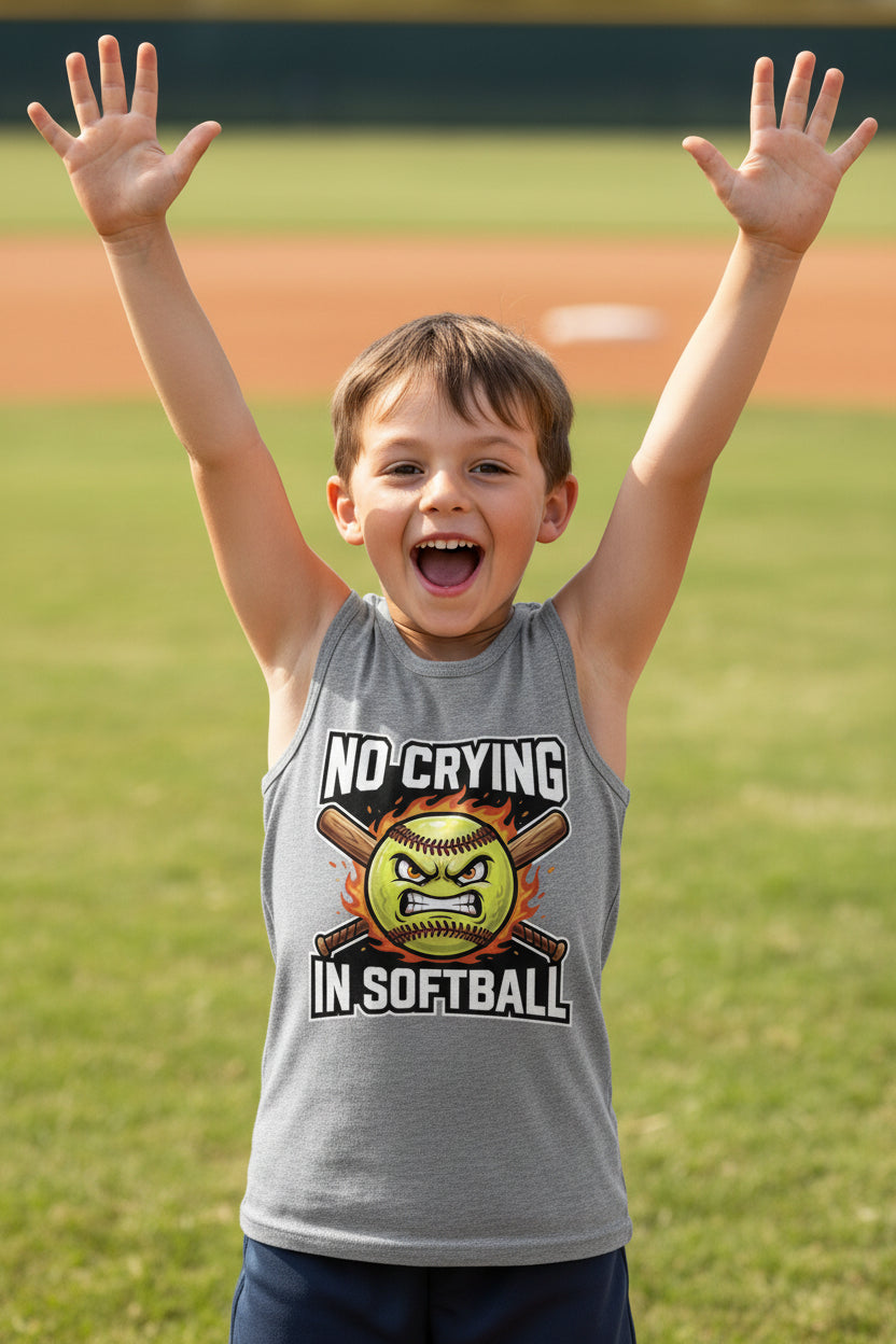 No Crying in Softball Funny Flame Skull Sports Tank Top ATHLETIC HEATHER - FRONT