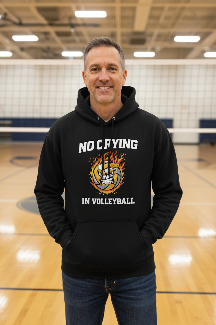 No Crying in Volleyball Funny Athlete Motivation Flame Ball Graphic Hoodie BLACK - FRONT