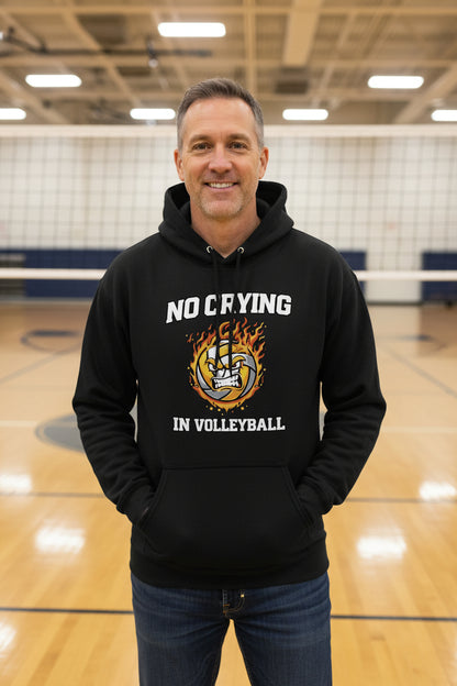 No Crying in Volleyball Funny Athlete Motivation Flame Ball Graphic Hoodie BLACK - FRONT