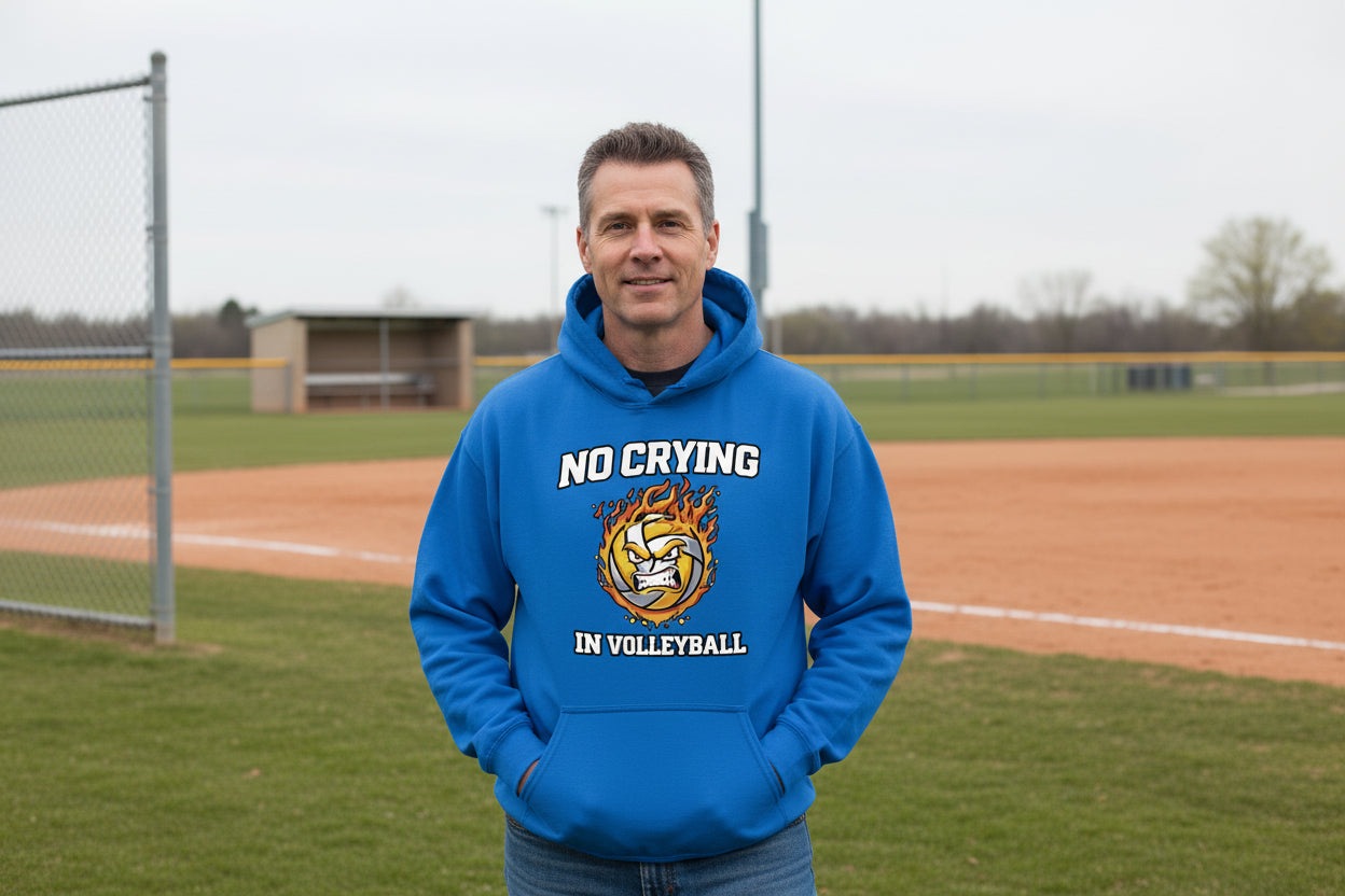 No Crying in Volleyball Funny Athlete Motivation Flame Ball Graphic Hoodie Royal - FRONT