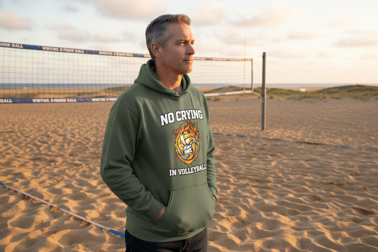 No Crying in Volleyball Funny Athlete Motivation Flame Ball Graphic Hoodie MILITARY GREEN - FRONT