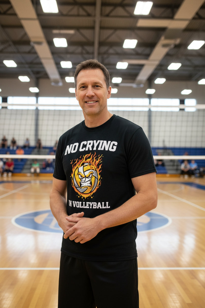 No Crying in Volleyball Funny Athlete Motivation Flame Ball Graphic T-Shirt BLACK - FRONT