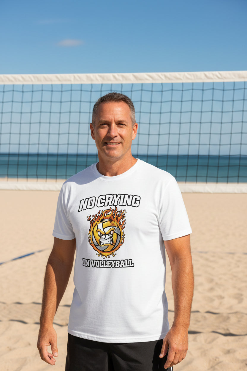 No Crying in Volleyball Funny Athlete Motivation Flame Ball Graphic T-Shirt White - FRONT