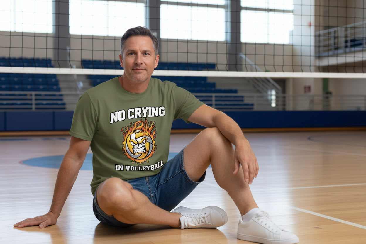 No Crying in Volleyball Funny Athlete Motivation Flame Ball Graphic T-Shirt MILITARY GREEN - FRONT