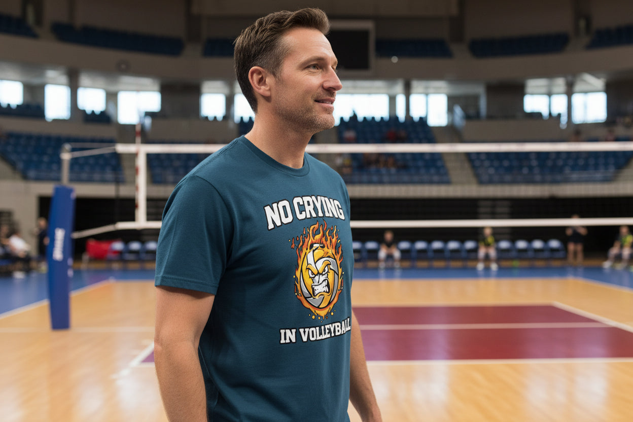 No Crying in Volleyball Funny Athlete Motivation Flame Ball Graphic T-Shirt MIDNIGHT NAVY - FRONT