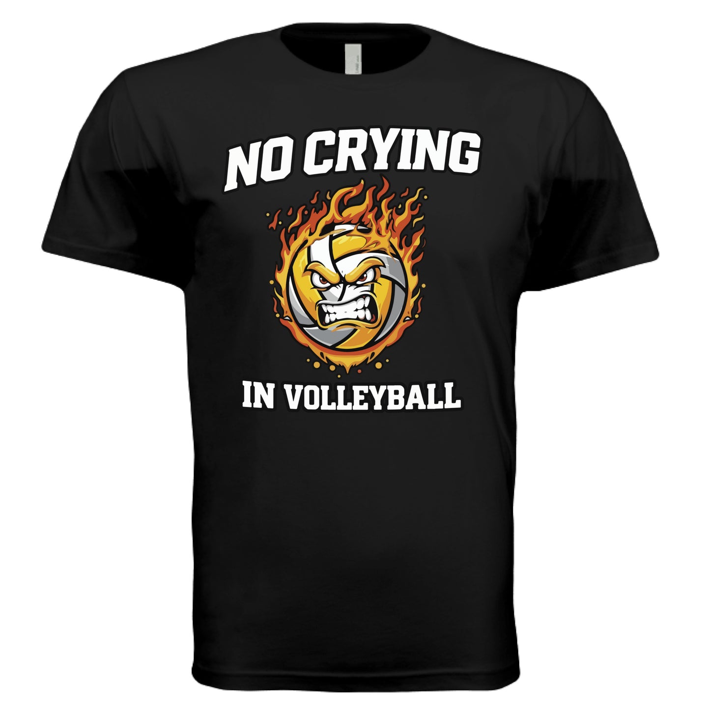 No Crying in Volleyball Funny Athlete Motivation Flame Ball Graphic T-Shirt BLACK - FRONT