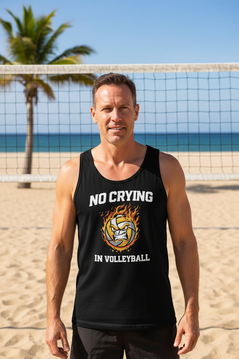No Crying in Volleyball Funny Athlete Motivation Flame Ball Graphic Tank Top BLACK - FRONT