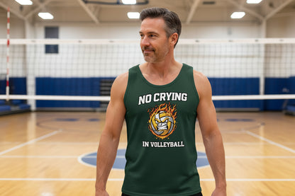 No Crying in Volleyball Funny Athlete Motivation Flame Ball Graphic Tank Top Forest - FRONT