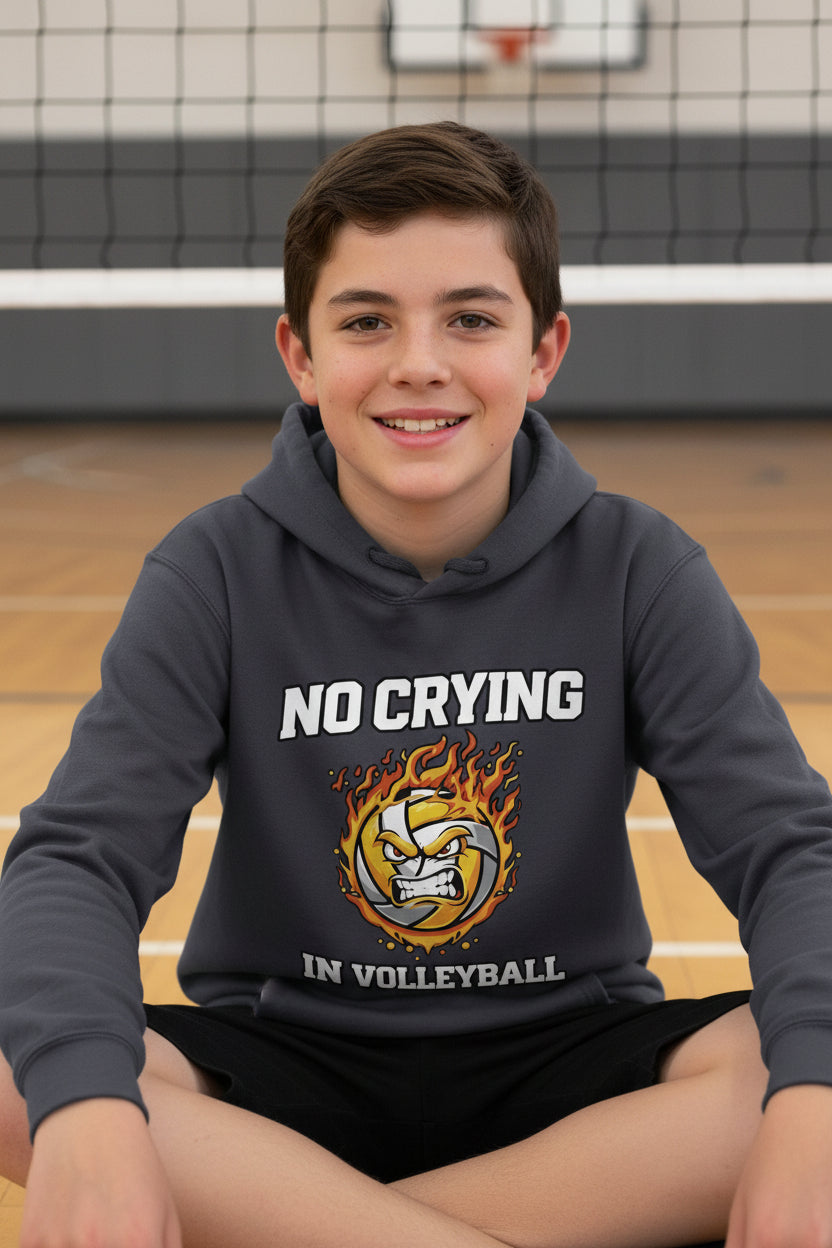 No Crying in Volleyball Funny Flame Skull Sports Hoodie True Navy - FRONT