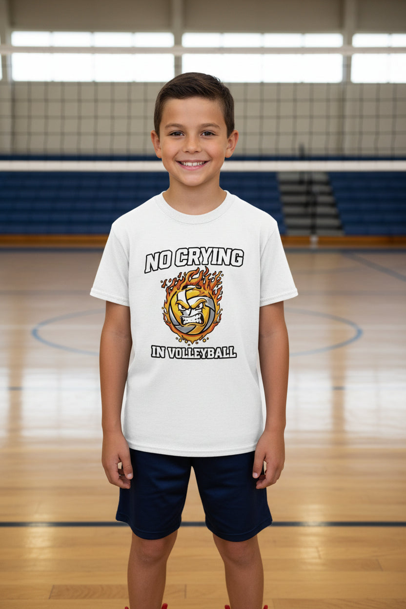 No Crying in Volleyball Funny Flame Skull Sports T-Shirt WHITE - FRONT