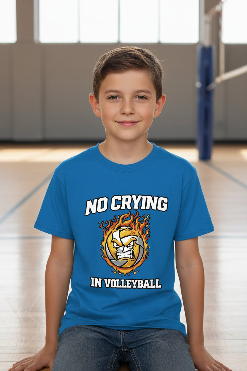 No Crying in Volleyball Funny Flame Skull Sports T-Shirt Royal - FRONT