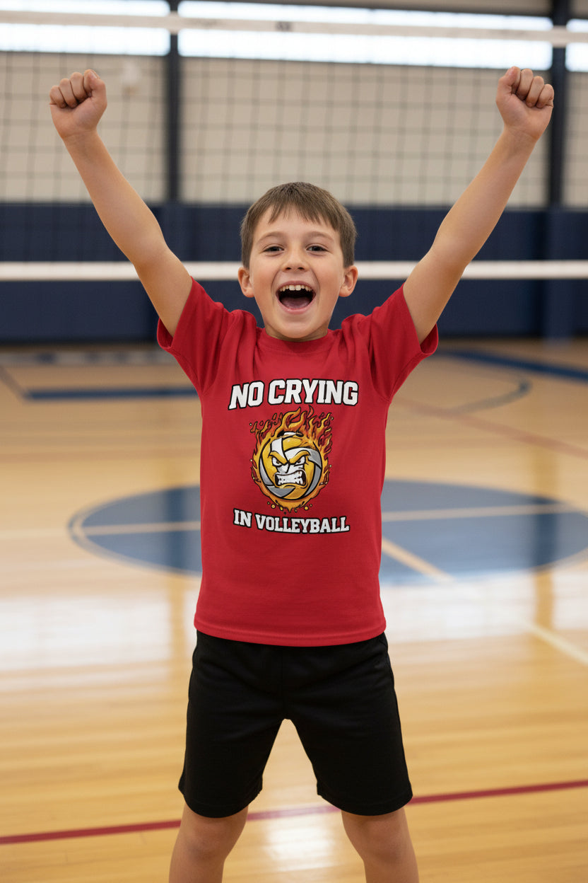 No Crying in Volleyball Funny Flame Skull Sports T-Shirt Red - FRONT