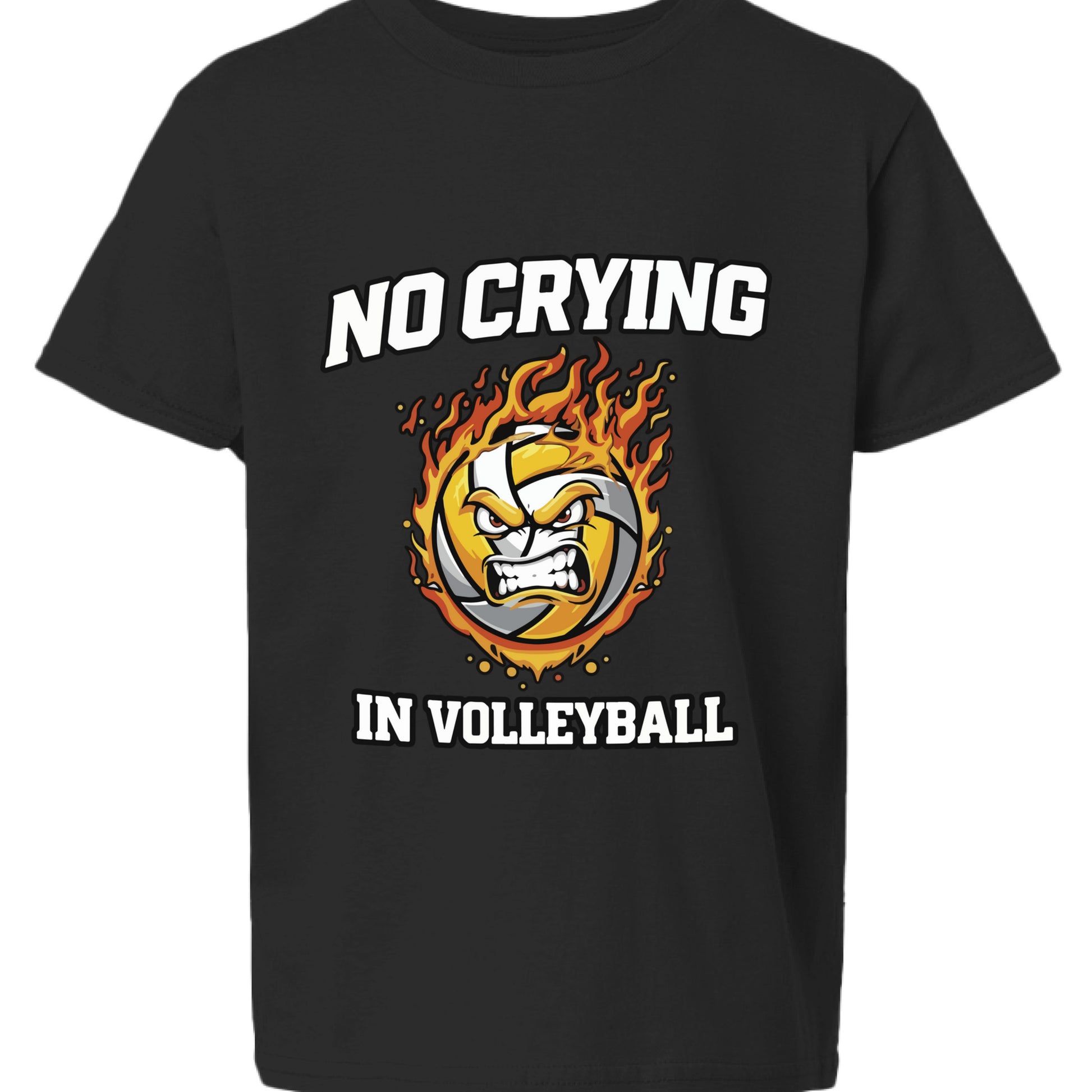 No Crying in Volleyball Funny Flame Skull Sports T-Shirt Black - FRONT