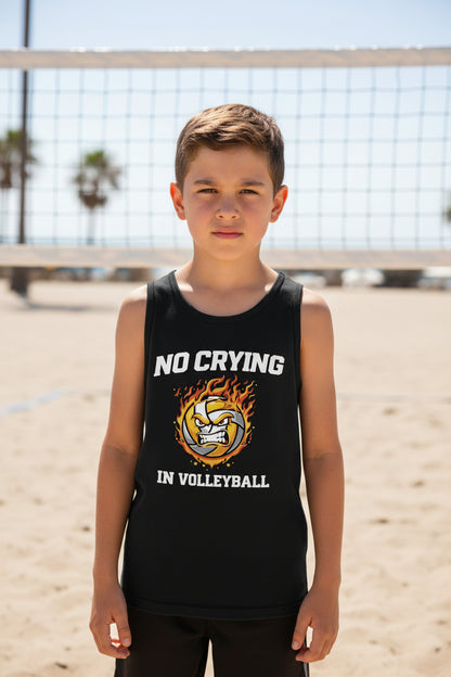 No Crying in Volleyball Funny Flame Skull Sports Tank Top Solid Black Triblend - FRONT