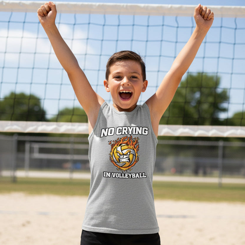 No Crying in Volleyball Funny Flame Skull Sports Tank Top ATHLETIC HEATHER - FRONT