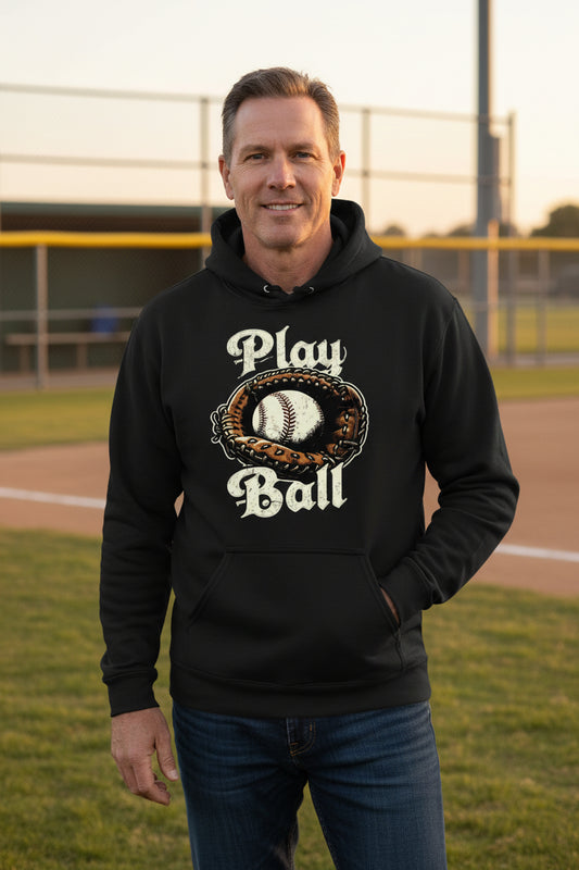 Play Ball Illustration Hoodie for Men – Timeless Baseball Inspired Artwork BLACK - FRONT
