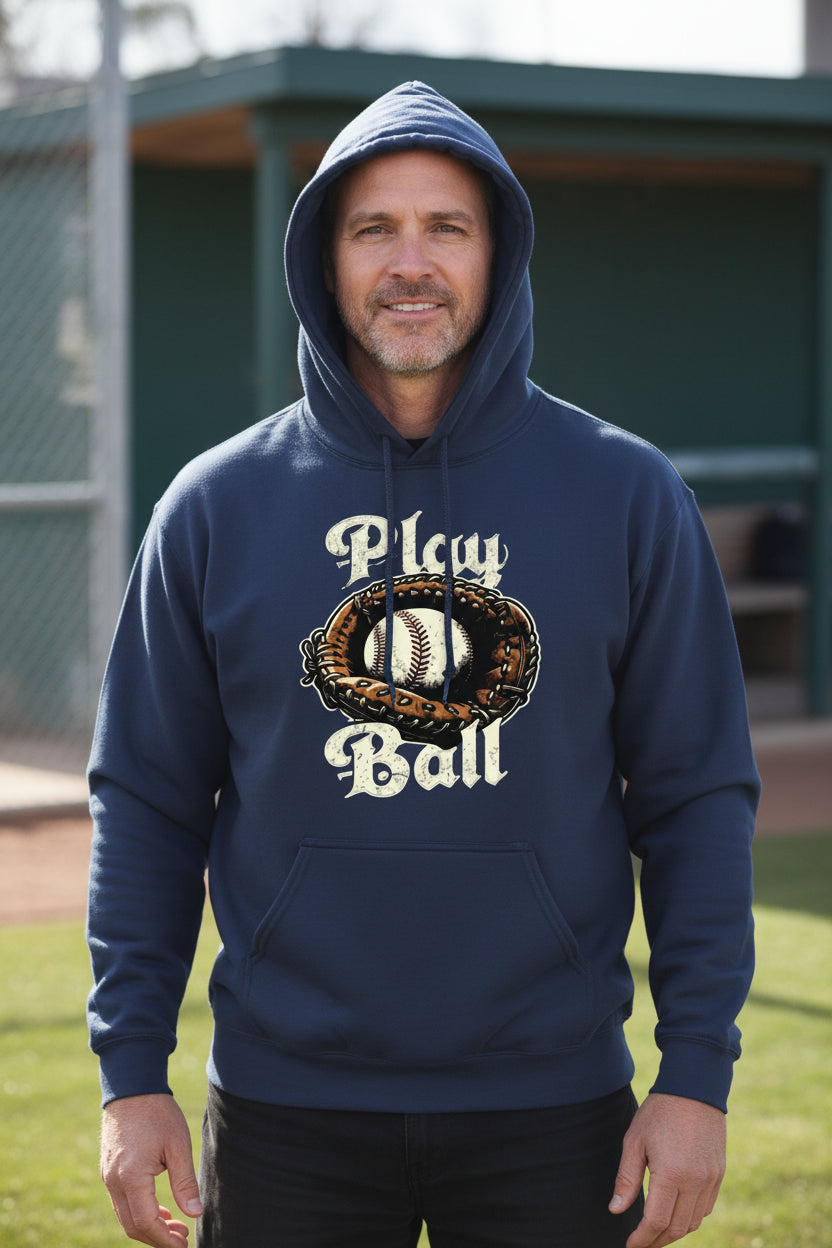 Play Ball Illustration Hoodie for Men – Timeless Baseball Inspired Artwork NAVY - FRONT