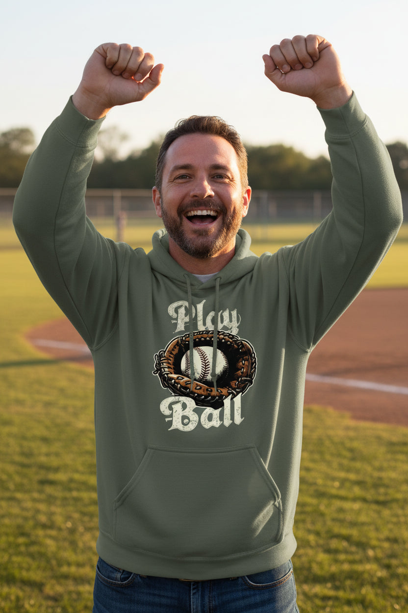 Play Ball Illustration Hoodie for Men – Timeless Baseball Inspired Artwork MILITARY GREEN - FRONT