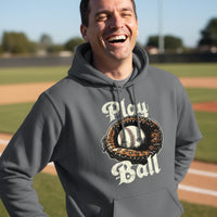 Play Ball Illustration Hoodie for Men – Timeless Baseball Inspired Artwork DARK HEATHER - FRONT