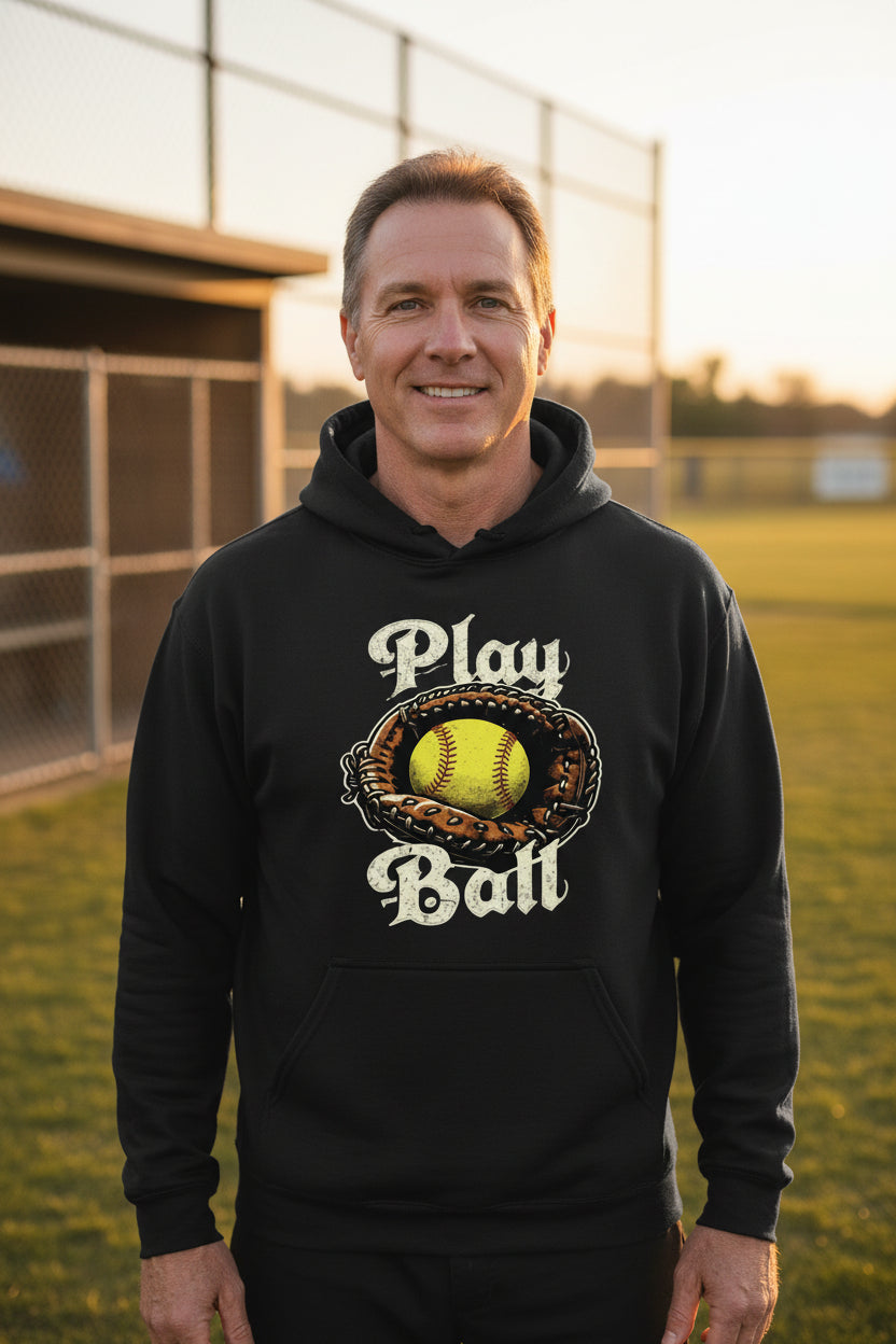 Play Ball Illustration Hoodie for Men – Timeless Softball Inspired Artwork BLACK - FRONT
